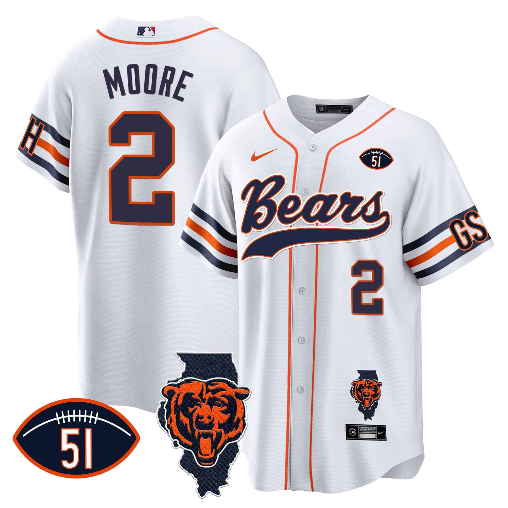 Men Chicago Bears #2 Moore White 2024 Nike Patch Baseball NFL Jersey